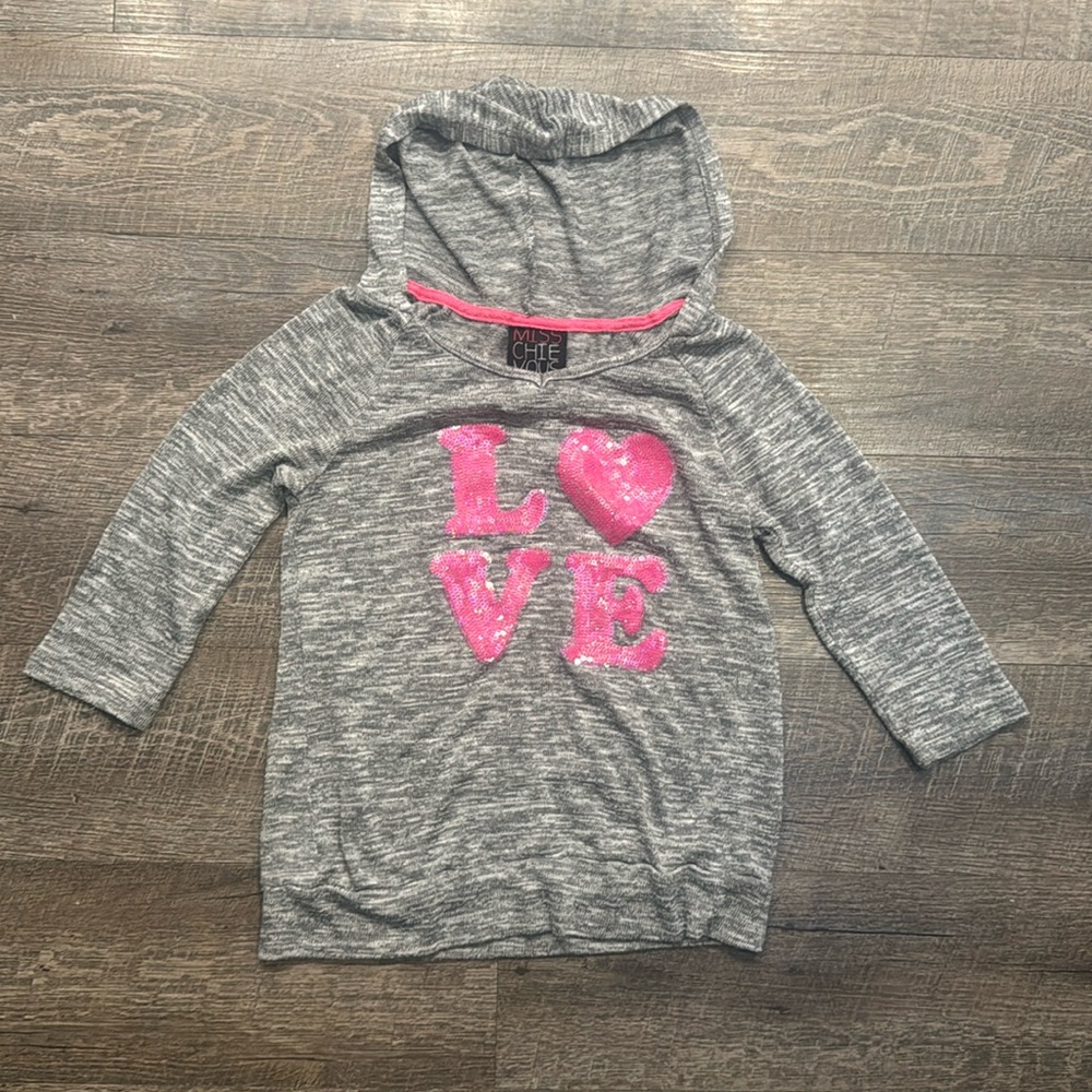 Miss Chie Vous 3/4 length sleeve Love hoodie- gray/white Heather. Girls Large